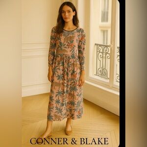 NWT Connor & Blake Pink Jungle Tropical Leopard Print Long Sleeve Maxi Dress